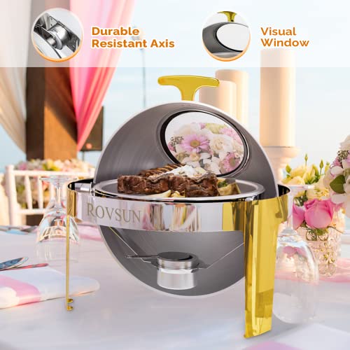 ROVSUN 3 Packs Roll Top Chafing Dish Buffet Set Gold Accent,6 Quart Round Stainless Steel Chafer, Buffet Servers and Warmers Set Warming Tray with Glass Window for Wedding, Parties, Banquet, Events