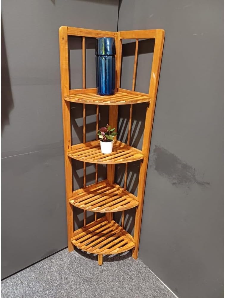 4-Tier Open Wooden Corner Shelf, Corner Bookshelf, Wooden Bookcase, Modern Bookshelf, Plant Stand, Display Shelves, 11" W x 43" H x 11" D, Small Shelf for Living Room Bedroom Office