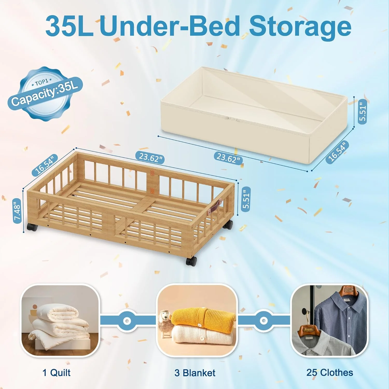 2-Pack Bamboo Under Bed Storage Containers with Wheels, Under Bed Clothes Storage Basket with Large Dust Bag, Rolling UnderBed Storage for Bedroom, Dorm and Basement, Nature