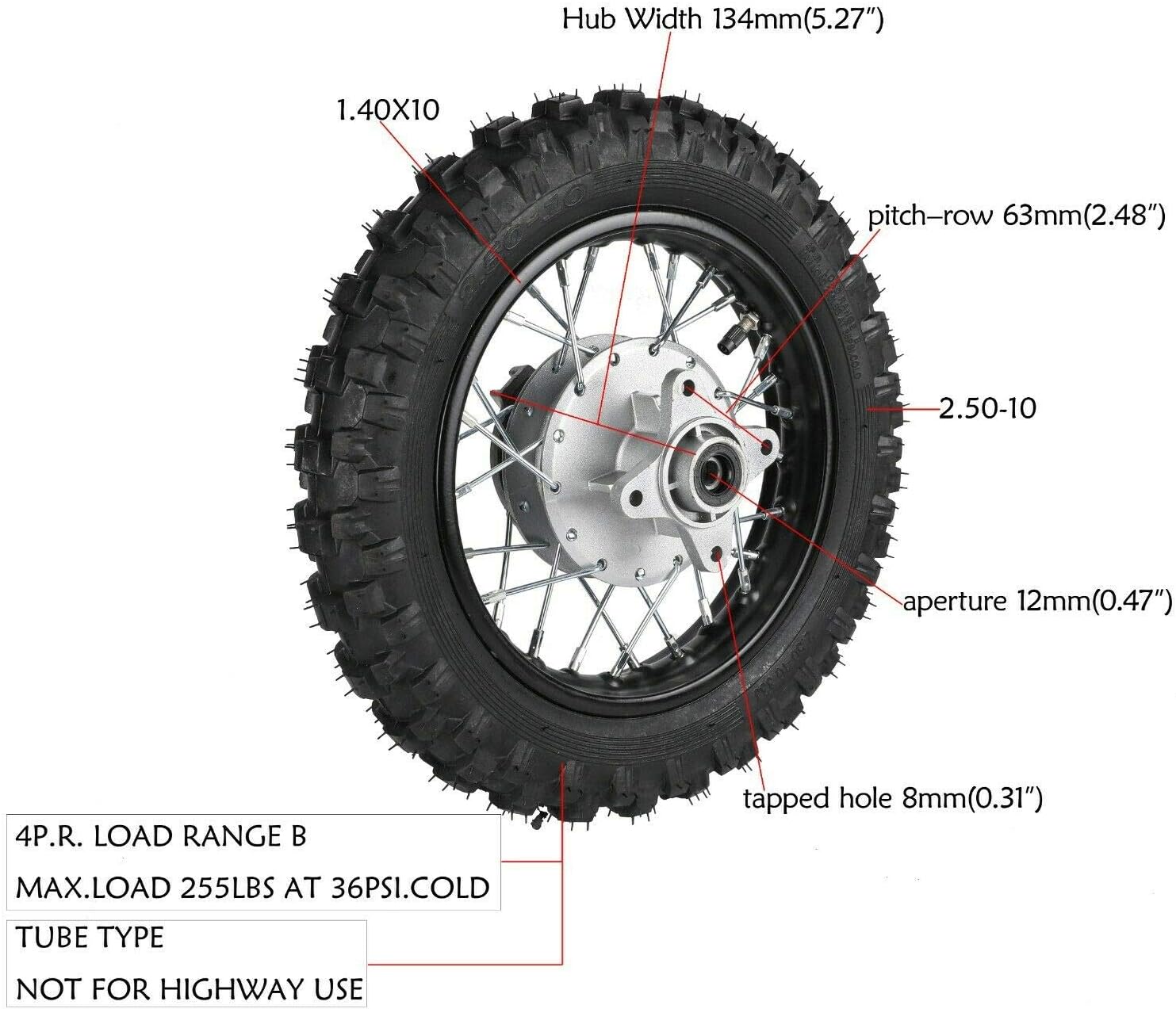 2.5-10" Rear Wheel Tire Assembly/10" Rim Diameter Rear Wheel Rim Tyre for 50cc 70cc 90cc 110cc Dirt Pit Bike CRF50 DRZ70 PW50 TTR50 (US Stock)