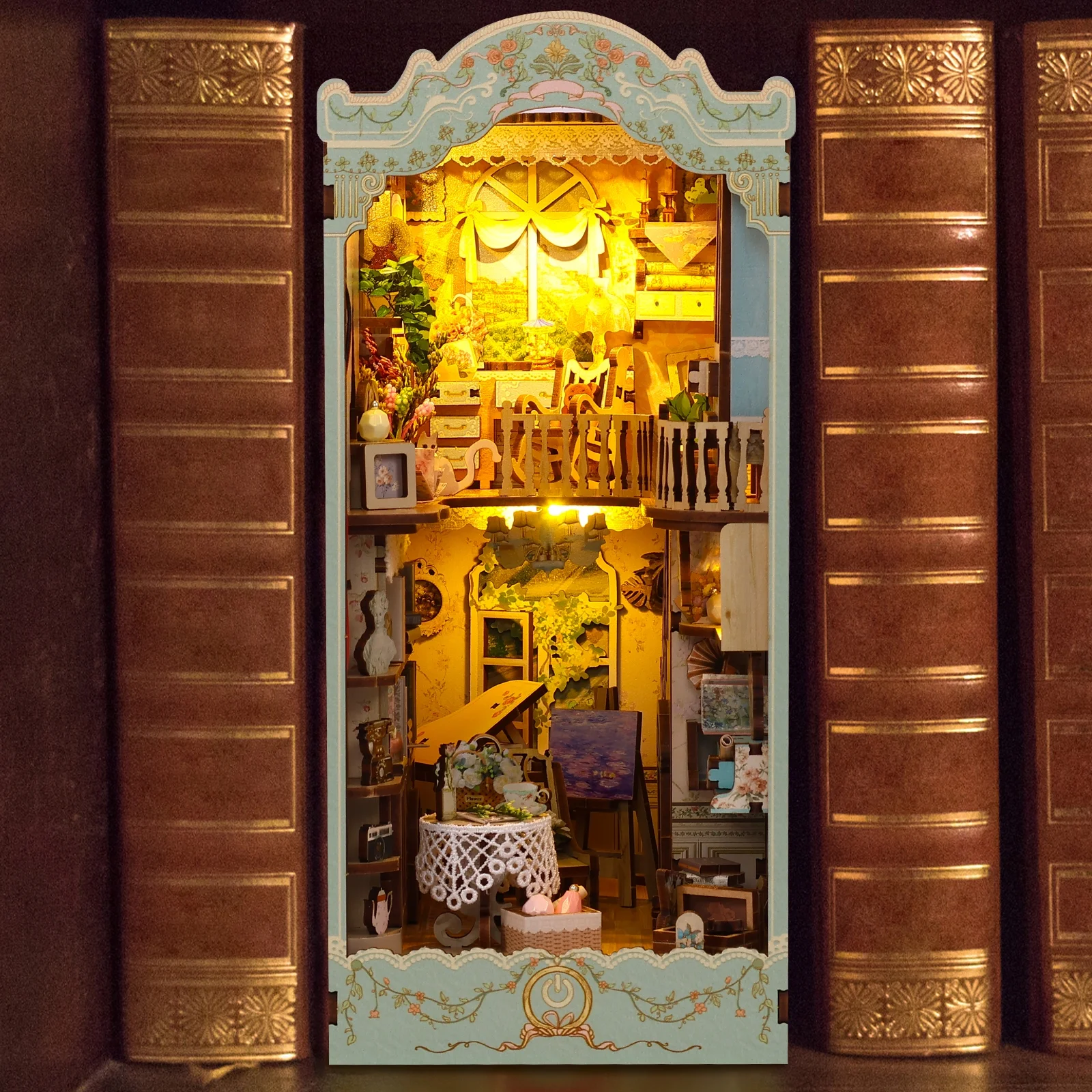 Morima DIY Book Nook Kit,3D Wooden Puzzle Bookshelf Insert Decor with LED Light,DIY Miniature Dollhouse Model Kit for Kids Adults