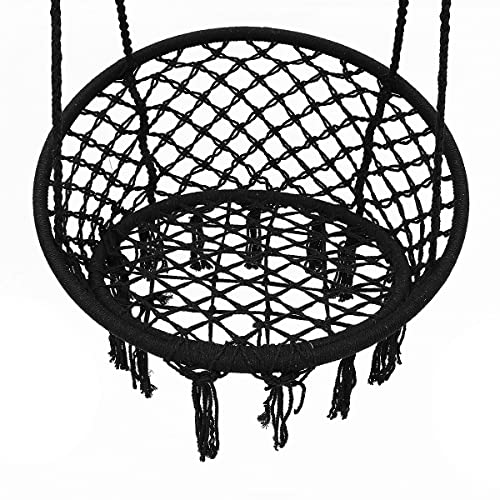 Hammock Chair Macrame Swing Set of 2 Bohemian Style Hammock Swing Chair with Tassels Hanging Swing Chair Handmade Knitted Cotton Rope for Indoor Outdoor Bedroom Patio Max 330 Lbs Black