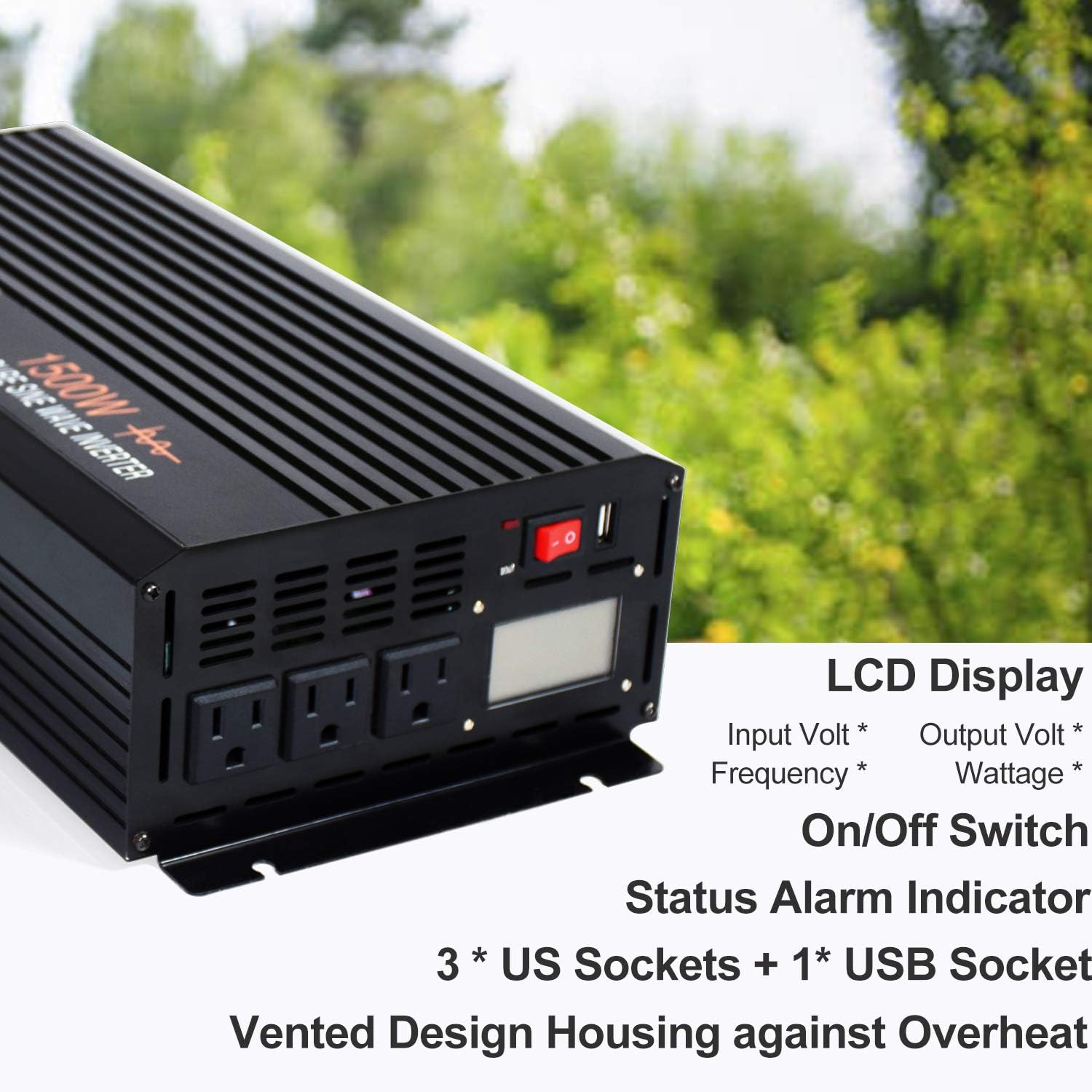 aeliussine Power Inverter 2000W Pure Sine Wave Inverter 12v DC to AC 120v Peak 4000 Watt Converter with LCD Display USB Charge Port for Car RV Boat Solar Power System.