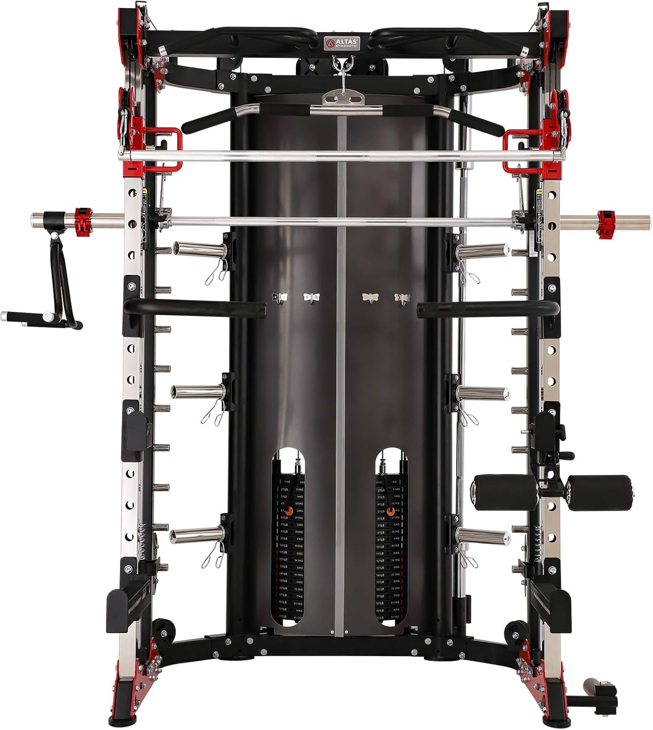 Altas Strength Home Gym Smith Machine with Pulley System Gym Squat Rack Pull Up Bar Upper Body Strength Training Leg Developer Light Commercial Fitness Equipment Included Accessories 3058