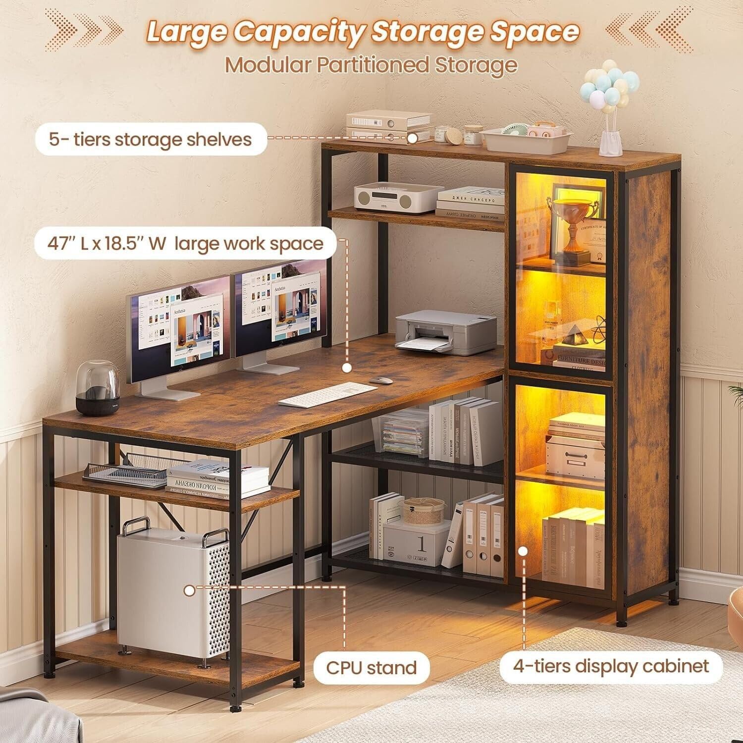 New Modern Rustic Brown L Shaped Desk Gaming Computer LED Light Bookshelf Corner Desk Storage Shelves Wood Display Cabinet Study Home Office 59”L x 31.5”W x 50.7”H of Set