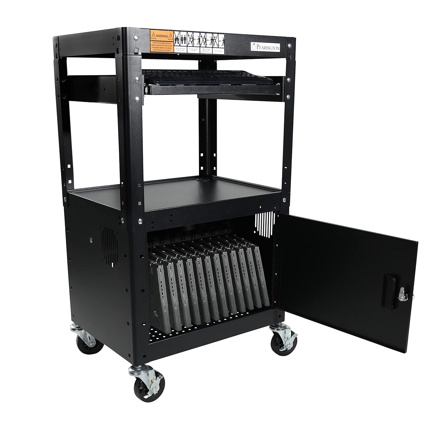 Pearington AV Presentation Cart Stand for Video Projector, TV, Laptop Computers, Printers, Metal Construction Rolling Storage Cart with Adjustable Shelves, 4 Wheels, 4 Outlets, 12ft Cord, Black