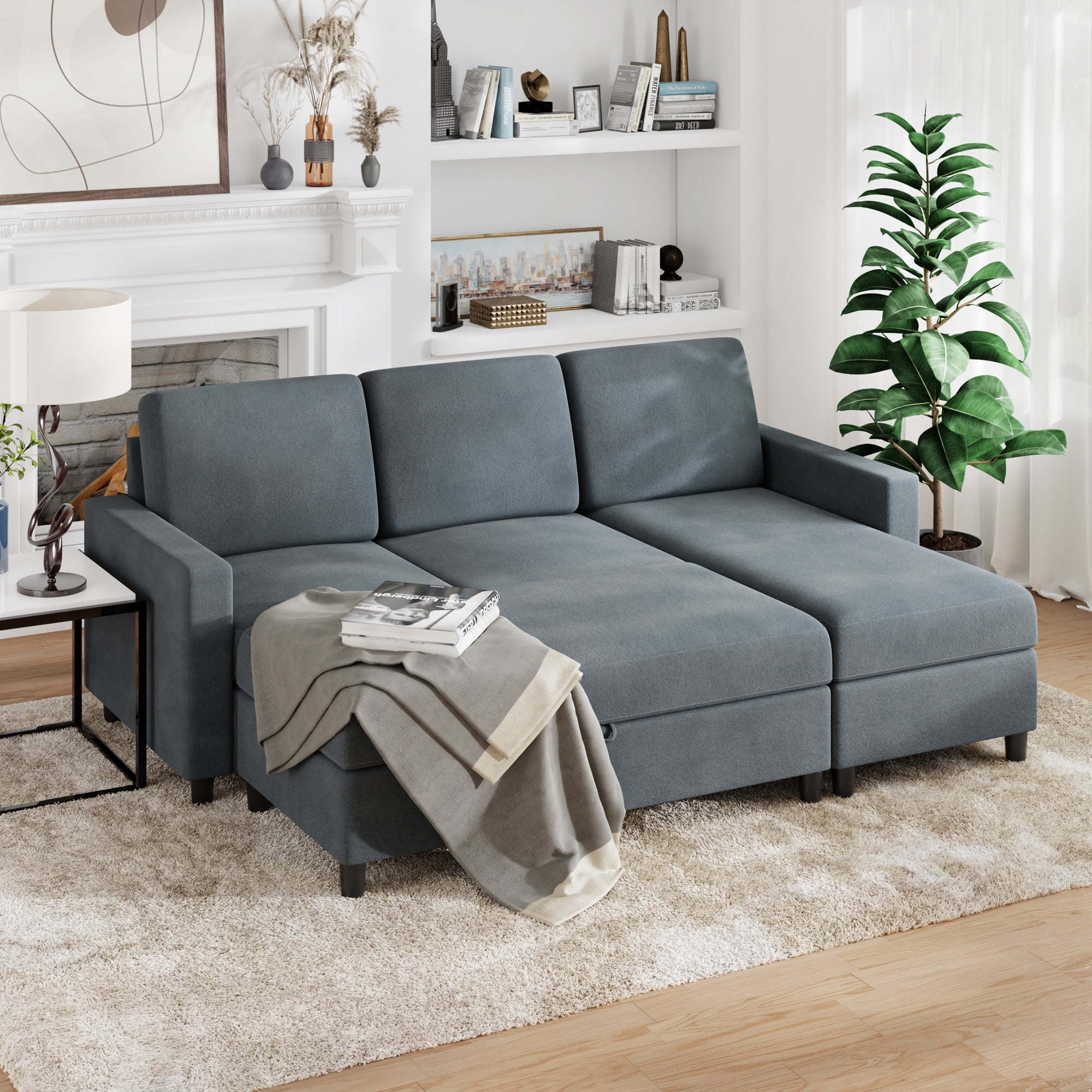 Sobaniilo Soft Couches Set, Convertible Sectional Sofa with Storage Ottoman, Fabric Couches Set for Living Room, Dark Grey