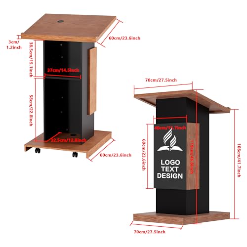 Customized Mobile Podium Stand-Personalized Logo& Text on Center Board, Portable Rolling Podium Business Wooden Lecture Podium Reception Desk Hostess Stand, Pulpit for Churches