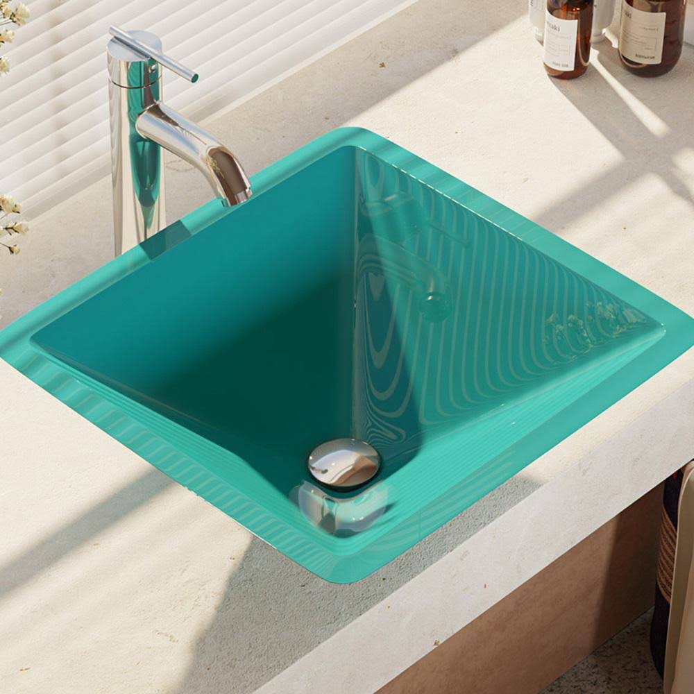 Rene R5-5003-CER-R9-7001 16-1/2x22 Glass Vessel Bathroom Sink with Vessel Faucet Cerulean / Chrome