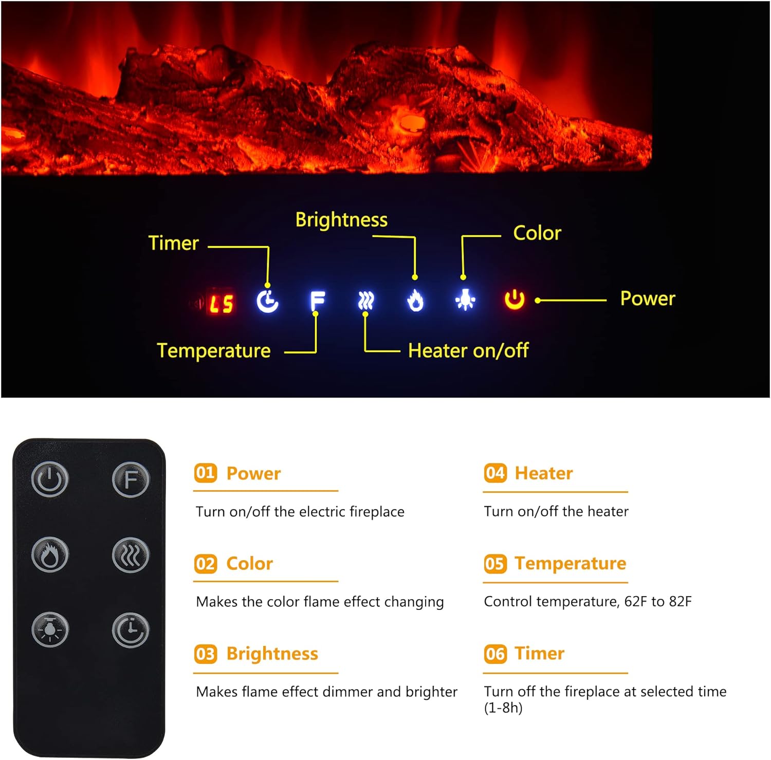 36 Inch Electric Fireplace Inserts, Wall Mounted Fireplace, Recessed Electric Fireplace, Led Fireplace, Linear Fireplace, 750/1500W