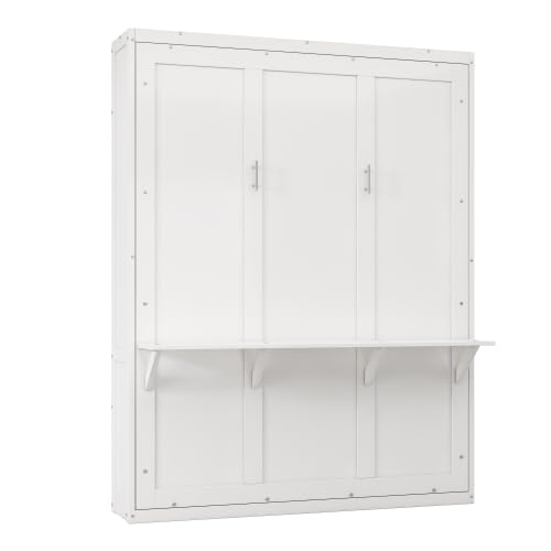 Murphy Bed,61.5-inch Cabinet Bed Folding Wall Bed with Desk Combo Perfect for Guest Room, Study, Office, White (Queen)