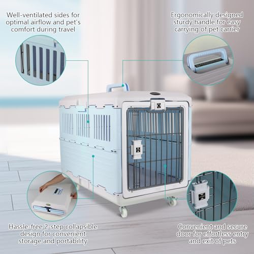 Collapsible Pet Carrier 27" with Wheels and Straps, Portable Kennel Travel Cage, Dog Crate 360-Degree Ventilation for Small and Medium Cats and Dogs(Pink)