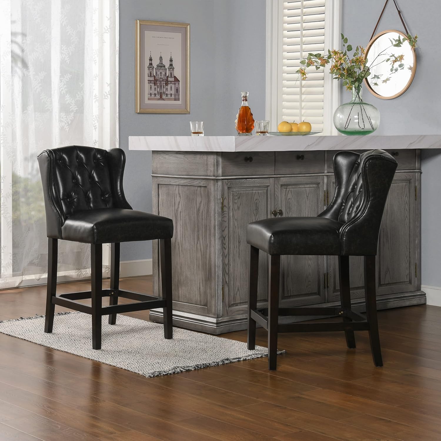 Jennifer Taylor Home Richmond 26" Armless Wingback Tufted Counter Height Bar Stool, Vintage Black Brown Faux Leather
