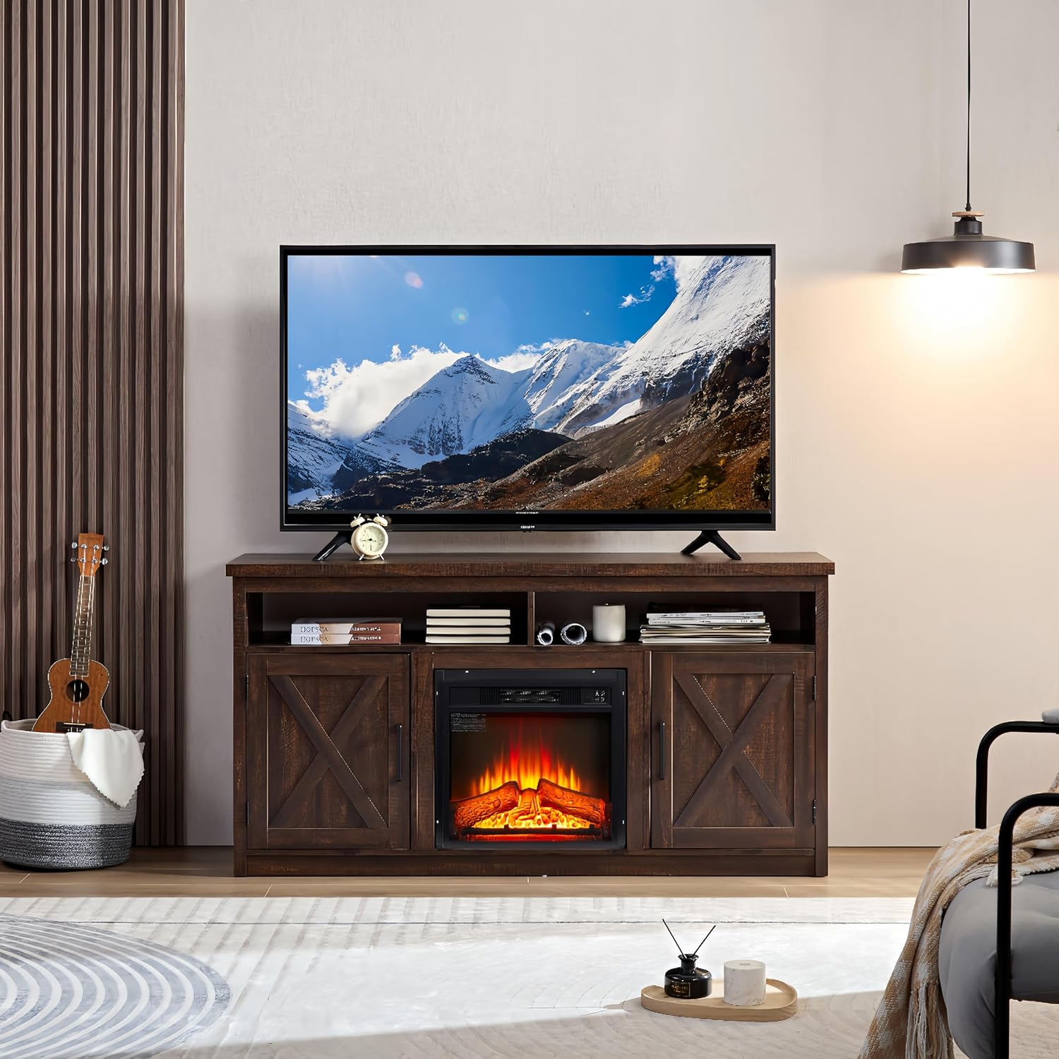 CHARMMA Farmhouse TV Media Stand, Large Barn Inspired Home Entertainment Console, with 18" Fireplace Insert, for TV Up to 65", with Open Shelves and Closed Cabinets, Espresso 57.87 * 15.75 * 30.31