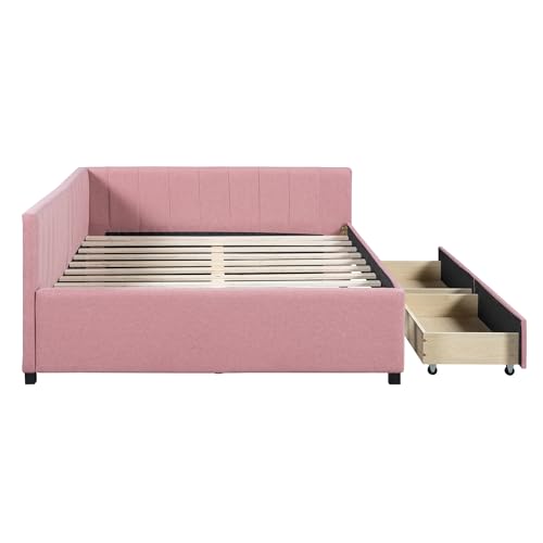 Twin Linen Fabric Upholstered Daybed with Trundle,Space-Saving Trundle Daybed Frame No Box Spring Needed,Modern Twin Size Sofa Bed for Apartment Living Room Bedoom(Beige)