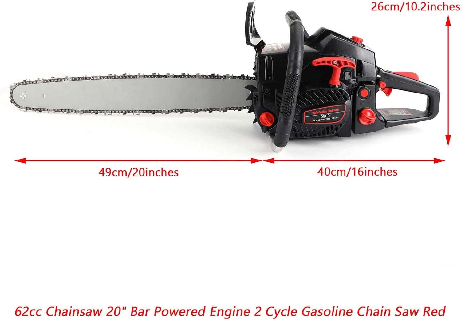 Topteng Gas Chainsaw 20 Inch, 62cc Bar Powered Engine 2 Cycle Gasoline Chainsaw Cutting Wood Gas Sawing Aluminum Crankcase Chain Saw