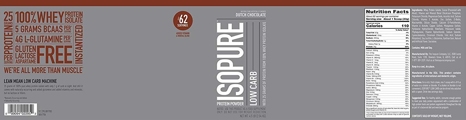 Isopure Whey Isolate Protein Powder with Vitamin C & Zinc for Immune Support, 25g Protein, Low Carb & Keto Friendly, Flavor: Dutch Chocolate, 4.5 Pounds (Packaging May Vary)