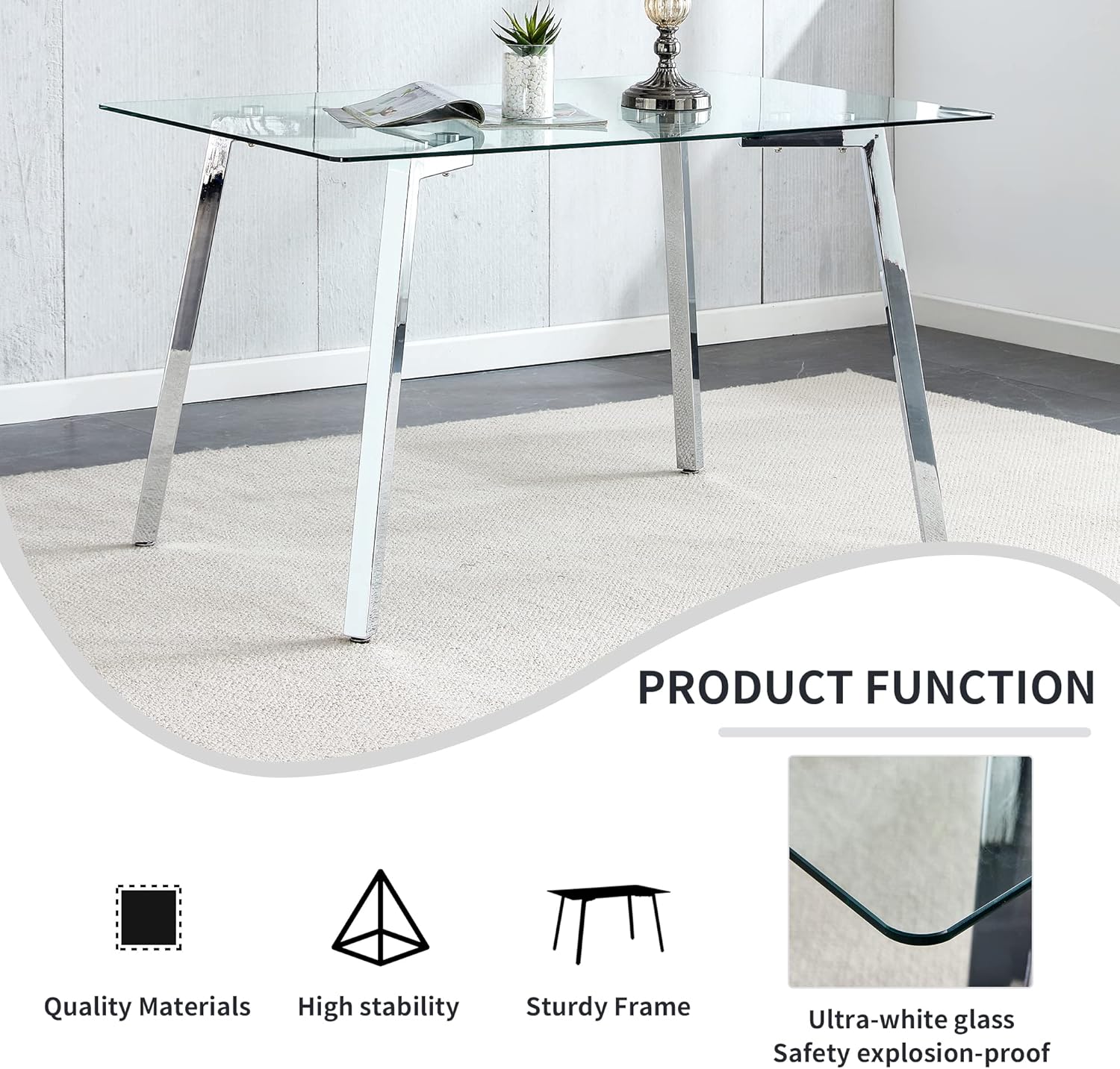 Modern Minimalist Rectangular Glass Dining Table | 0.31" Tempered Glass Top | Silver Metal Legs | Versatile Writing Desk | Easy Assembly