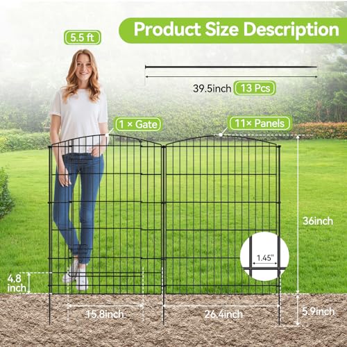 Garden Fence 12 Panels 23.6ft (L)×24in (H) Decorative Garden Fence with 11 Fence Panels + 1 Gate Rustproof Wire No Dig Garden Fence Animal Barrier Fencing for Outdoor Backyard Patio - Black
