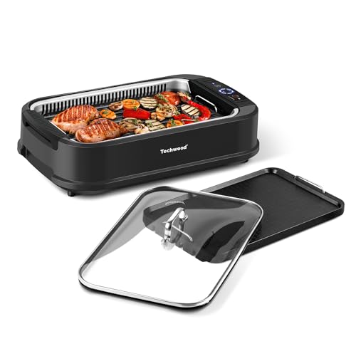 Indoor Grill, Techwood 1500W Smokeless Electric Grill with Non-Stick Grill Plates, Korean Grill with Temperature Control, Tempered Glass Lid, Dishwasher-Safe