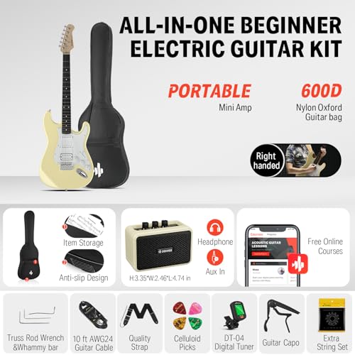 Donner DST-100B 39 Inch Electric Guitar Beginner Kit Solid Body Full Size Black HSS for Starter, with Amplifier, Bag, Digital Tuner, Capo, Strap, String,Cable, Picks