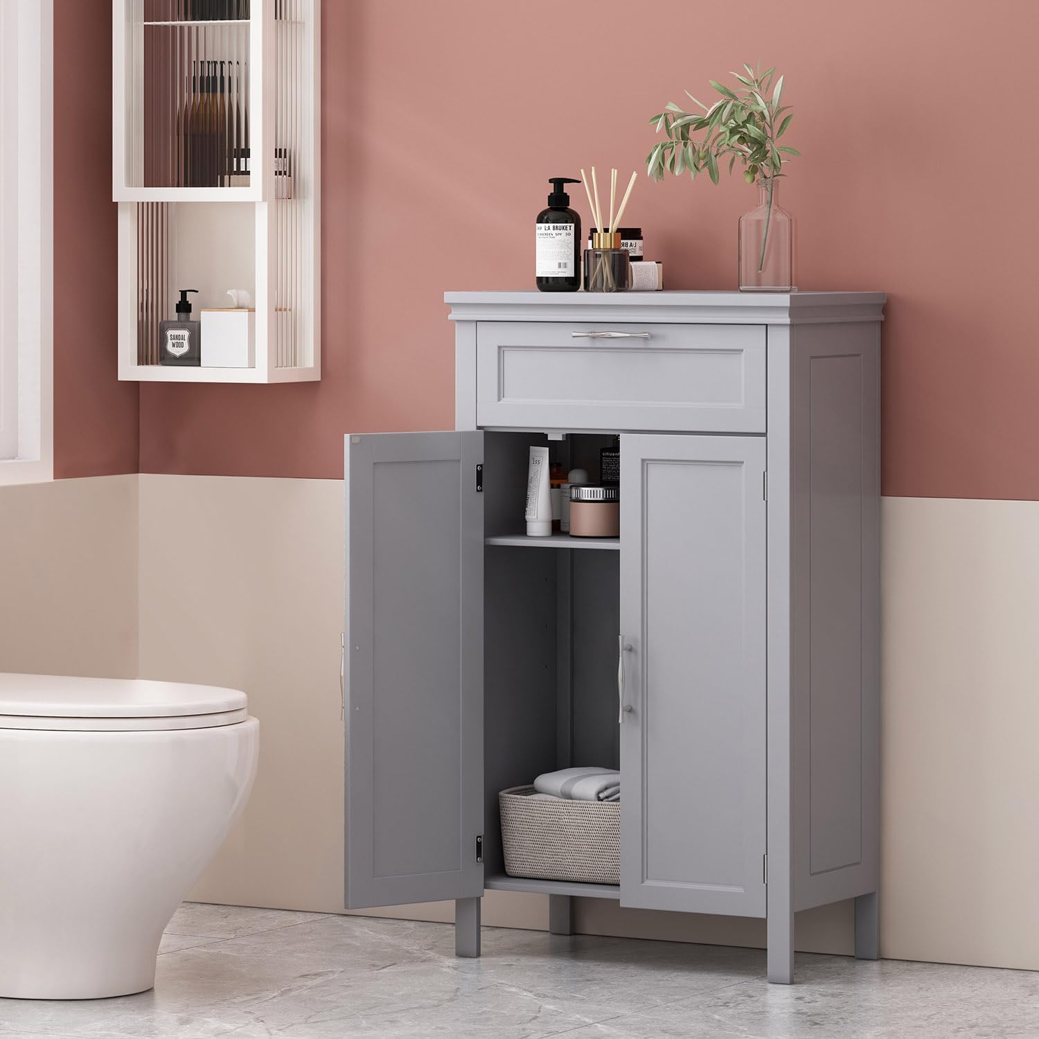 Bathroom Floor Cabinet, Wooden Side Storage Organizer w/Larger Drawer, Adjustable Shelf & 2-Door Cupboard, Freestanding Storage Cabinet for Living Room, Kitchen, Entryway (Double Door)