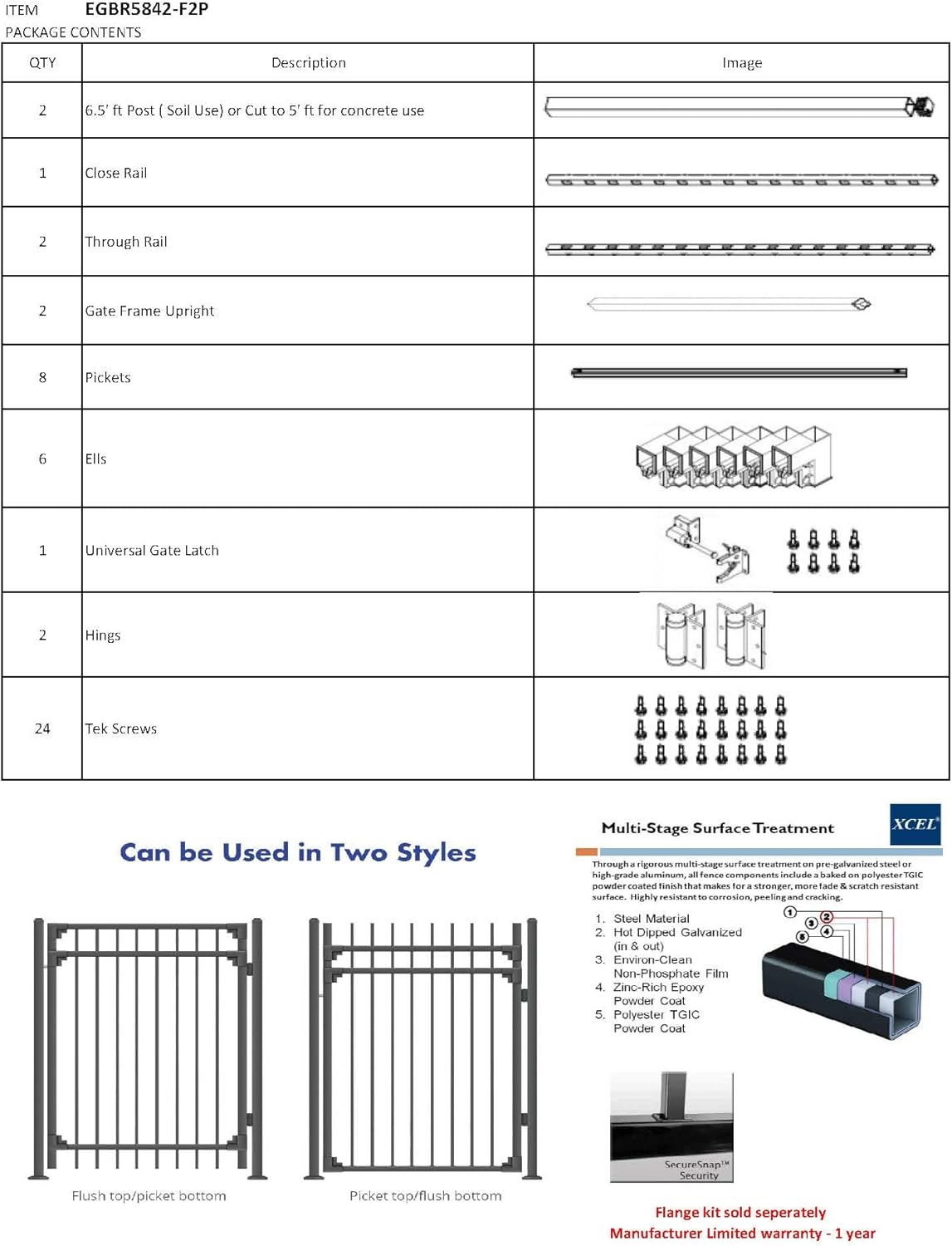 XCEL Fence: Black Steel Anti-Rust Gate, Flat End Top Pickets, Close Bottom Cross Rail or Option to Flip- 4ft W x 5ft H - DIY Installation Kit, for Outdoor, Yard, Pario, Entry Way, on Soil or Concrete.
