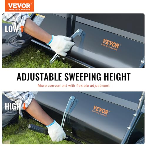 VEVOR Tow Behind Lawn Sweeper 44 Inch, 25 cu. ft Large Capacity Heavy Duty Leaf & Grass Collector with Adjustable Sweeping Height, Dumping Rope Design for Picking Up Debris and Grass