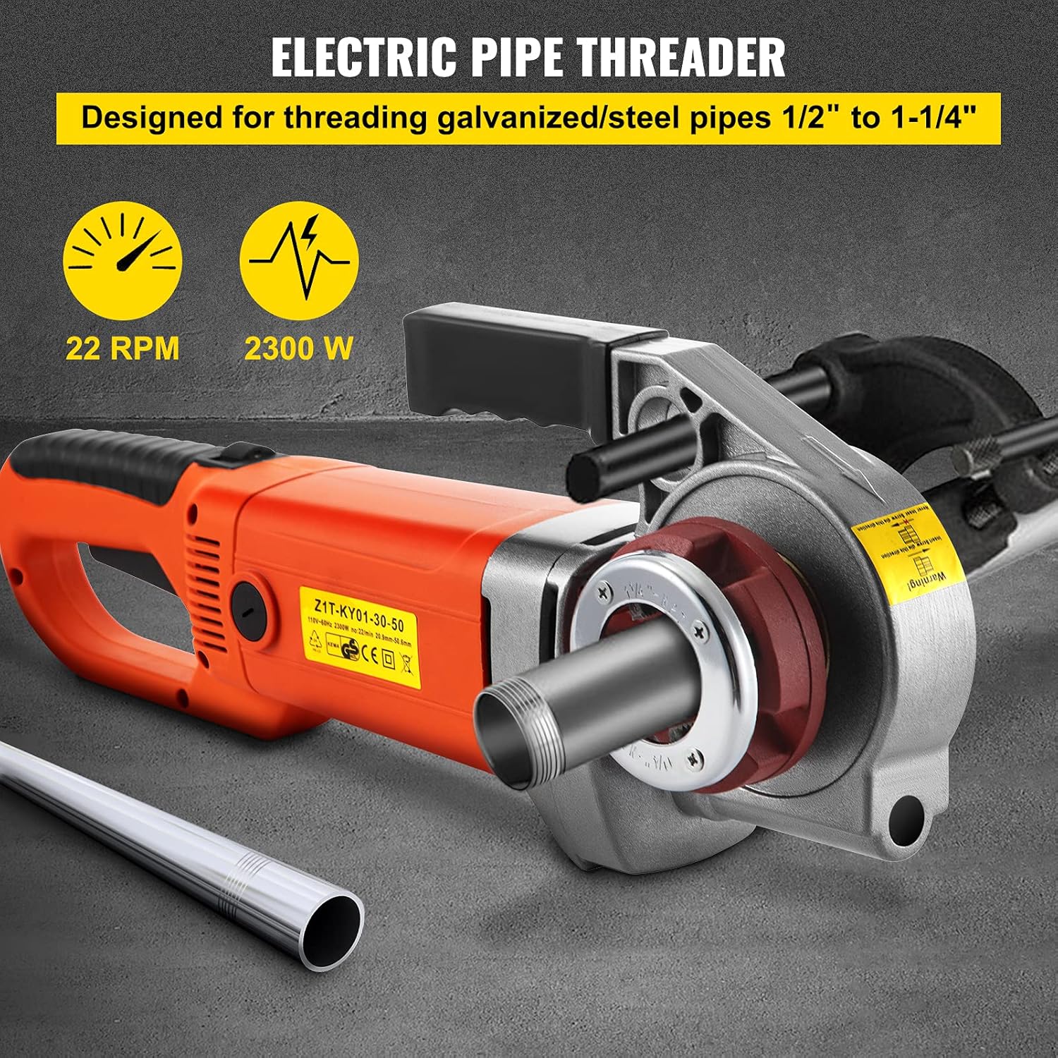 VEVOR Electric Pipe Threader, 2300W Pipe Threading Machine, Heavy-Duty Hand-Held Power Drive Kit, 110V Pipe Threader Machine Copper Motor, Portable Pipe Threader w/ 4 Dies 1/2-1 1/4 & Carrying Case
