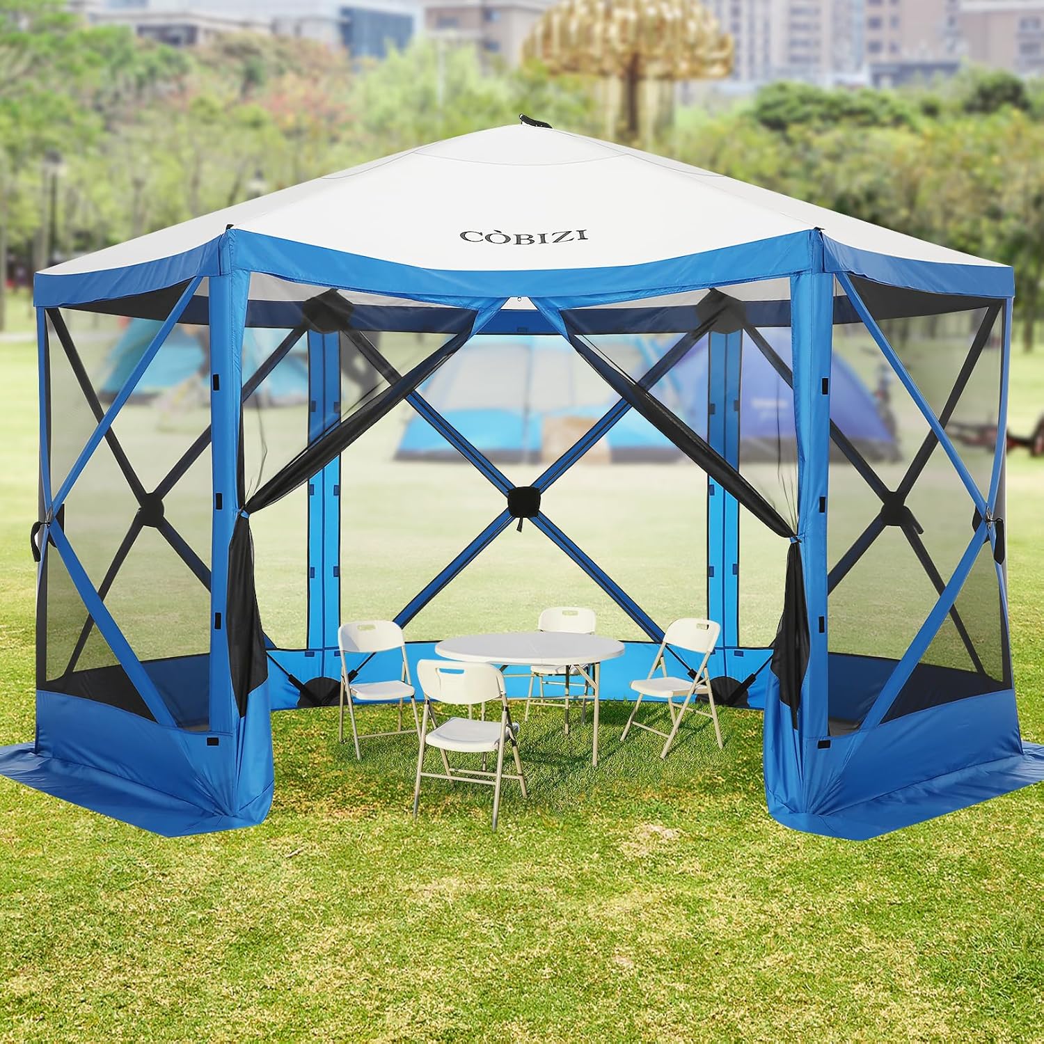 COBIZI 12x12ft Pop up Gazebo Screen House Tent with Mosquito Netting, 6 Sided Pop-up Canopy Shelter Tent Easy-Set portable gazebo with Carry Bag for Outdoor Camping, Lawn and Backyard, Blue