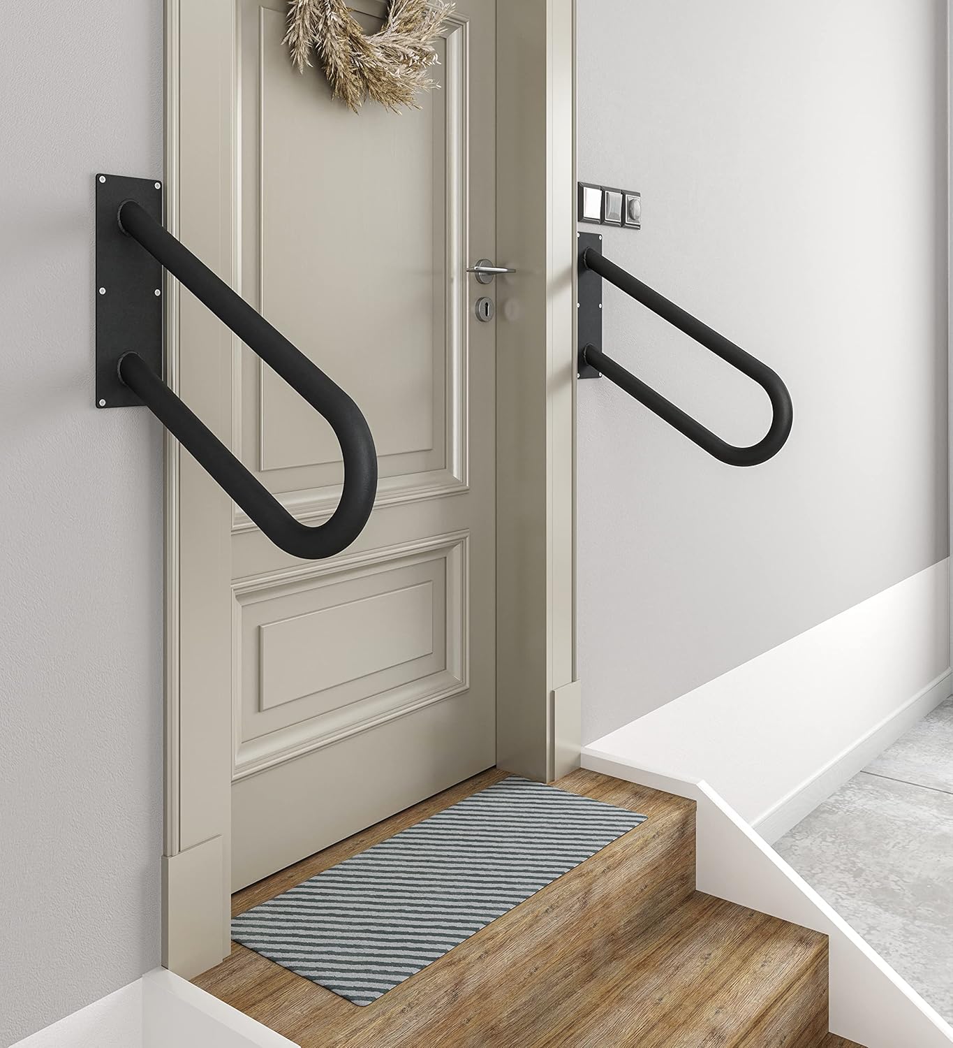 REINCARVATION Metal Handrail for Stairs | 1-3 Steps Rail for Garage Stairs | 18'' Wall Mount Metal Handrail for Indoor or Outdoor Stairs | Safety Railing