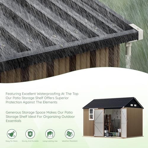 10X12X7.5 FT Outdoor Steel Storage Shed with Lockable Doors, 2 Windows, Transparent Roof Panels (Wood Panels & Frame Floor Not Included), Ideal for Patio Storage,Garbage Can, Chicken Coop，Brown