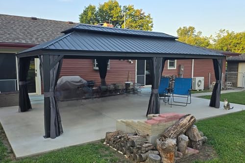 PURPLE LEAF 10' X 14' Permanent Hardtop Gazebo Aluminum Gazebo with Galvanized Steel Double Roof for Patio Lawn and Garden, Curtains and Netting Included, Grey