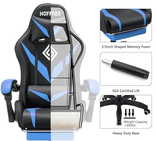 HOFFREE Gaming Chair Massage with Bluetooth Speakers and Led Lights Ergonomic Computer Gaming Chair with Footrest RGB Video Game Chair with High Back Lumbar Support Blue and Black