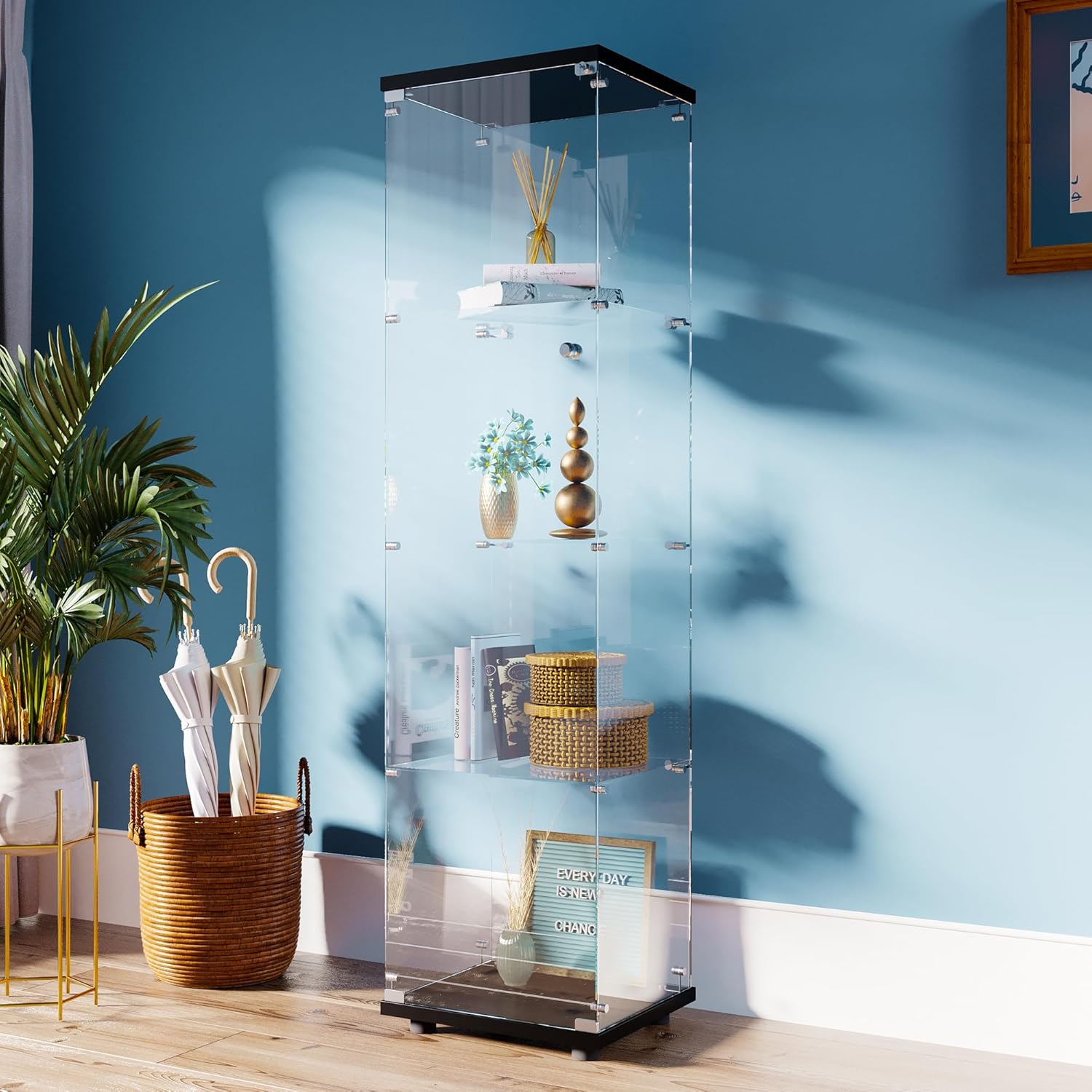 FANYUSHOW Glass Display Cabinet 4 Shelves with Door and Lock, Curio Cabinet for Living Room, 5mm Tempered Glass Display Shelf, Black Glass Display Case 64.7" H x 16.7" L x 14" W