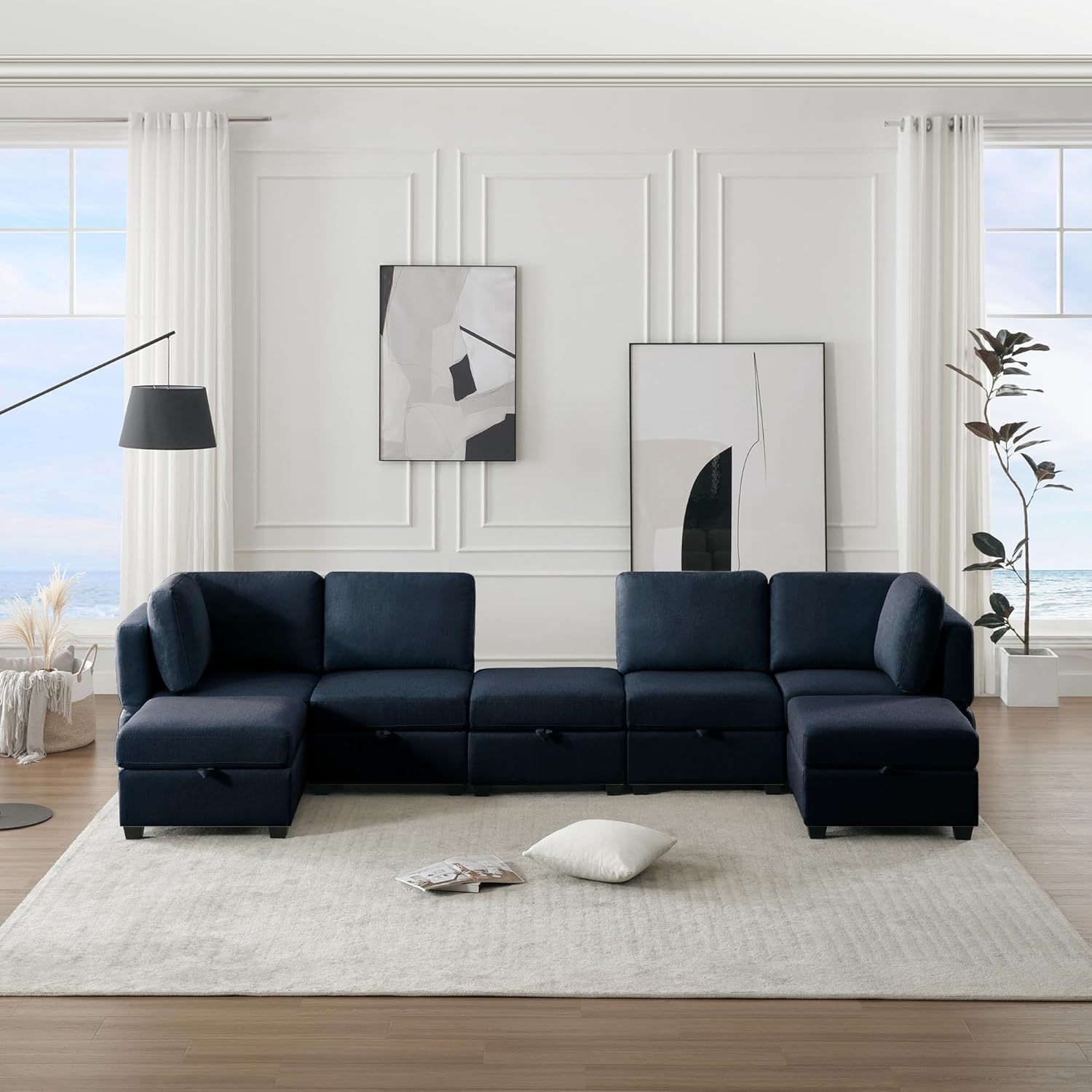 GOWE Modular Sectional Sofa U Shaped Sectional Couch with Ottoman, 7 Seat Modular Sofa with Chaise for Living Room, Adjustable Arms and Backs - Blue