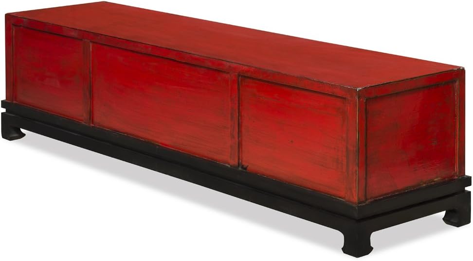 ChinaFurnitureOnline Elmwood Oriental Media Cabinet, Kang Style in Distressed Red Finish