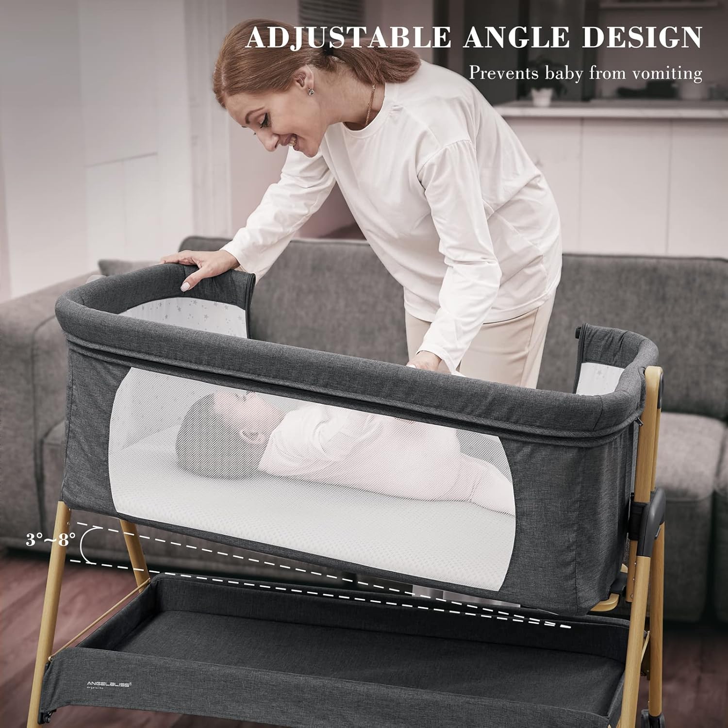 ANGELBLISS Baby Bassinet, Bedside Sleeper, Easy Folding Bedside Crib with 100% Breathable & Washable Mattress Baby Bed, 6-Level Adjustable Portable Bassinets for Safe Co-Sleeping for Newborn Infant