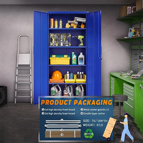 Yizosh Metal Garage Storage Cabinet with 2 Doors and 5 Adjustable Shelves - 71" Steel Lockable File Cabinet,Locking Tool Cabinets for Office,Home,Garage,Gym,School (Gray White)