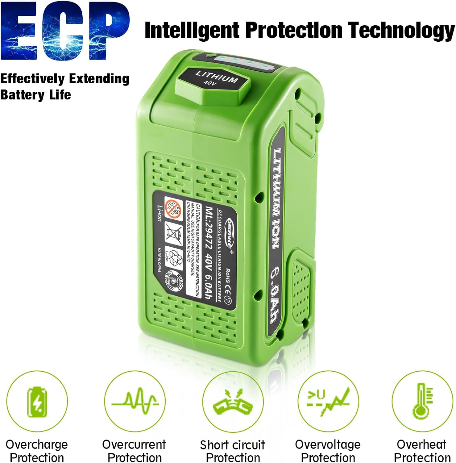 DSANKE 40V 6.0Ah 29472 Lithium Battery Replacement for GreenWorks 40V Battery 29472 29462 Battery GreenWorks 40V G-MAX Power Tools 29252 20202 22262 25312 25322 20642 22272 27062 21242 Pack of 2