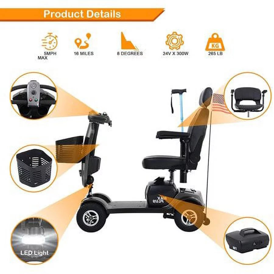 4 Wheels Mobility Scooter Grey LED Lights USB Port Extra Long Range for Seniors Adults