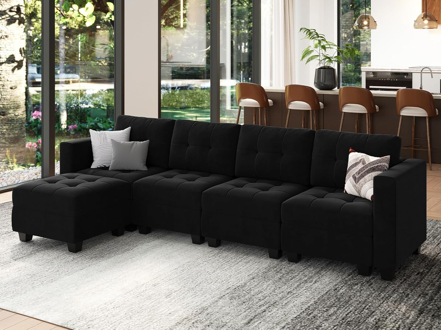 Belffin Modular Sectional Sofa Couch with Storage Seats and Ottomans, Velvet Convertible Sofa with Reversible Chaise, 5 Piece Sofa Sectionals, L Shaped Sleeper Couch, Black