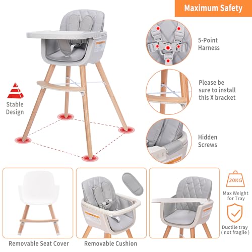 3-in-1 Convertible Wooden High Chair,Baby High Chair with Adjustable Legs & Dishwasher Safe Tray, Made of Sleek Hardwood & Premium Leatherette, Gray Color