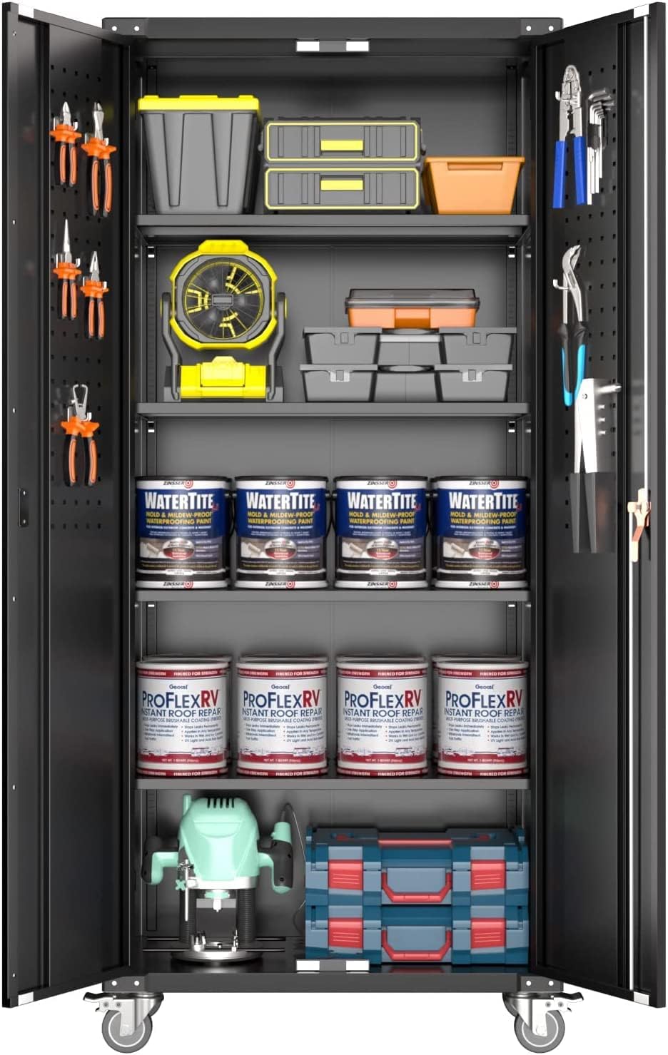 Metal Storage Cabinet with 2 Locking Doors and 4 Adjustable Shelves,Garage Storage Cabinets with Pegboard &Wheels,72" Steel Storage Cabinet for Home,Office Assembly Required (Black)
