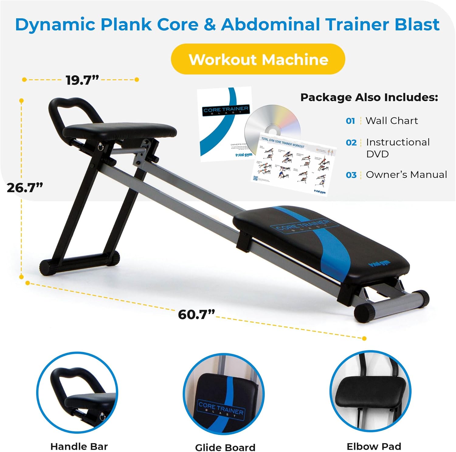Total Gym Fitness Dynamic Plank Core & Abdominal Trainer Blast Workout Machine, for Progressive Workouts, w/Instructional DVD, Wall Chart, Black
