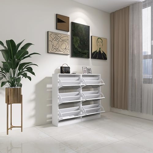 White Shoe Cabinet, Shoe Organizer Cabinet with Hanger, Slim Hidden Shoe Rack Cabinet, Freestanding Shoe Storage Cabinet with 3 Flip Drawers & 2 Sliding Drawers for Entryway, Hallway
