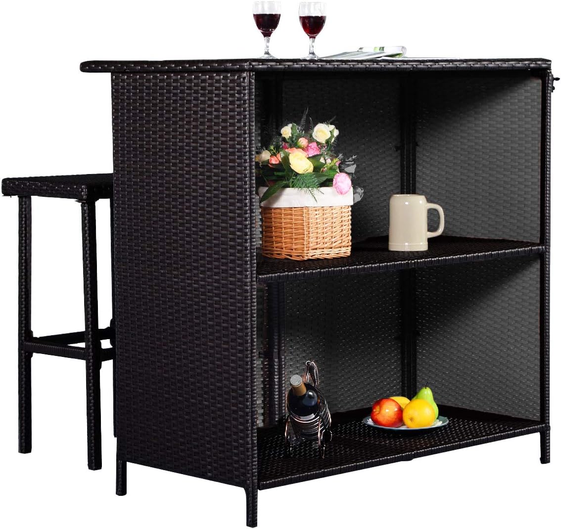 MCombo Patio Bar Set,Wicker Outdoor Table and 2 Stools,3 Piece Patio Furniture with Storage for Poolside,Backyard,Garden,Porches 6085-1201BK