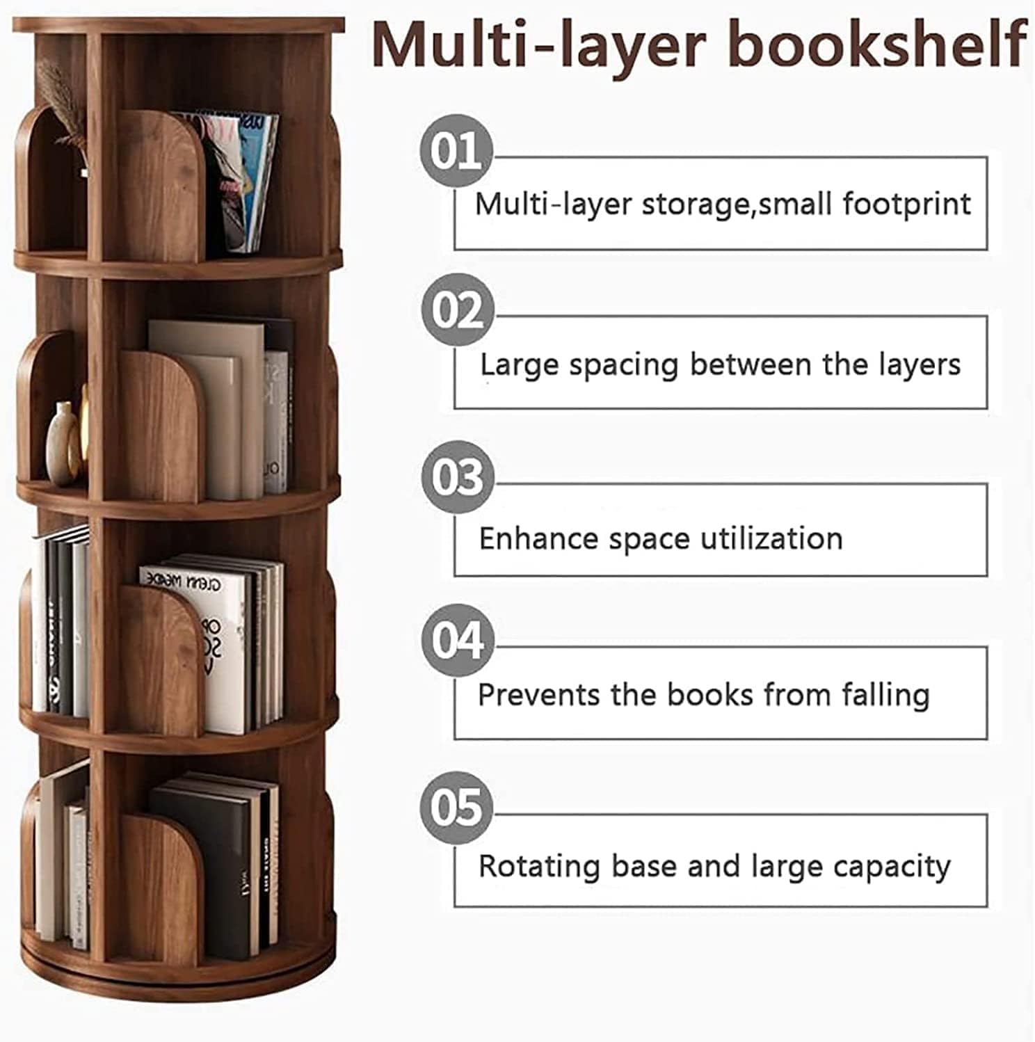 NeziH Flexible Bookcases 360 ° Solid Wood Standing Bookcase 5 Tier Book Rack Space Saving Study Room Bookshelves Perfect Furniture