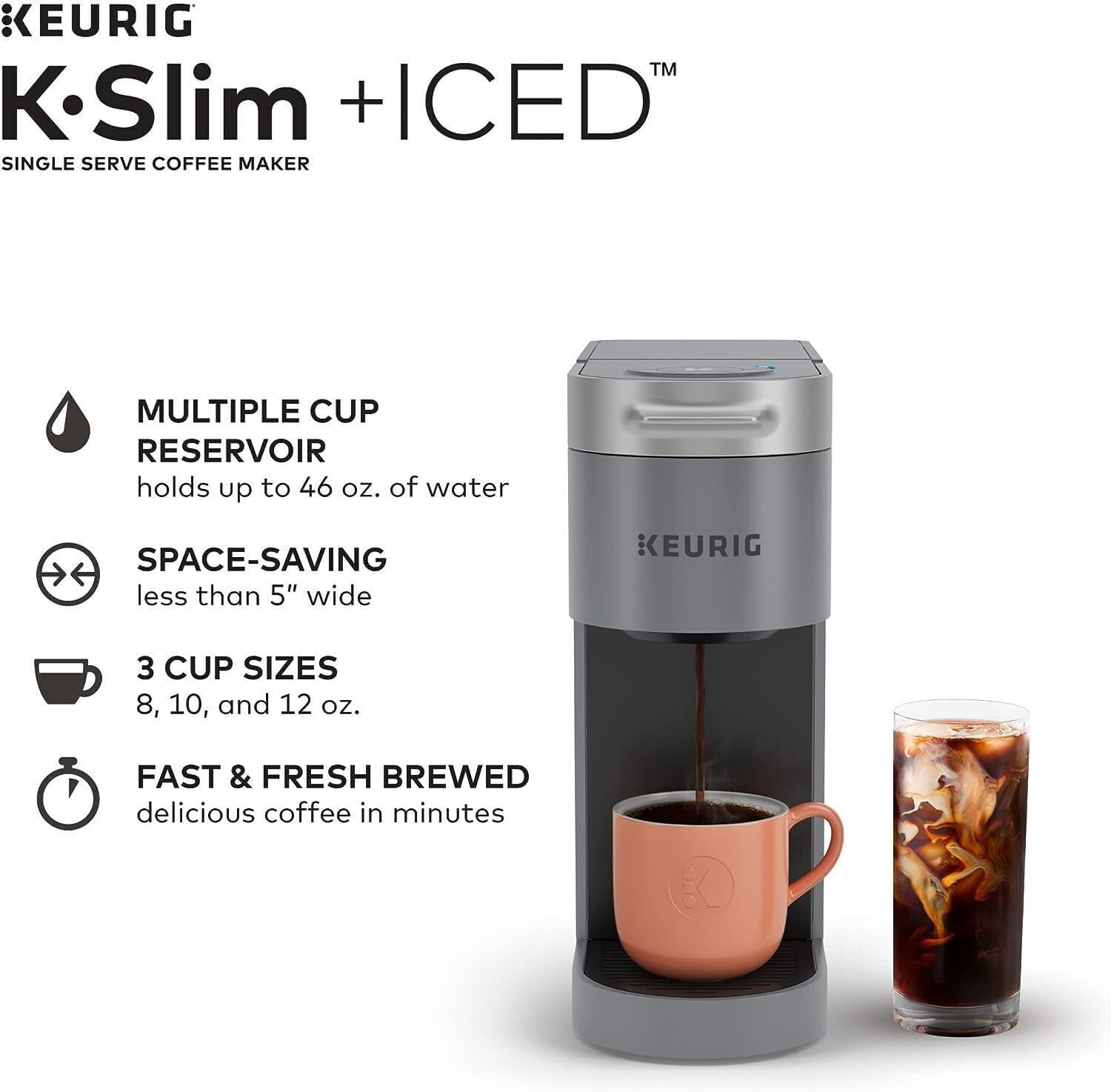 Keurig K-Slim Plus ICED Coffee Maker (Gray), Single Serve Iced Coffee Brewer for Home - Quick Brew System - Space-Saving Design - 3 Brew Sizes Bundle with Medium Roast Pods and Cleaning Cups (3 Items)