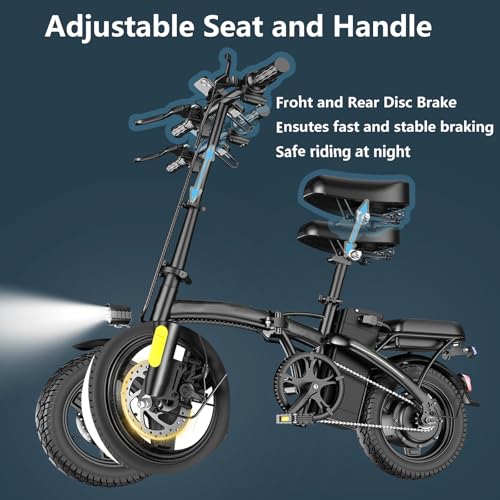 Electric Bike for Adults Peak 500W, 23MPH Max Speed Folding Electric Bicycles, 14" Mini Ebike Pedal Assist, 30° Uphill Shock Absorbers E-Bike, 48V12AH Removable Battery, Top 38 Miles PAS Range